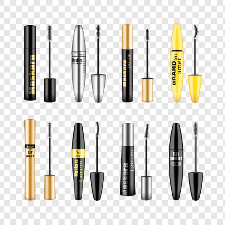 PSD mascara-buizen voor cosmetische reclame, geïsoleerd op een doorzichtige achtergrond