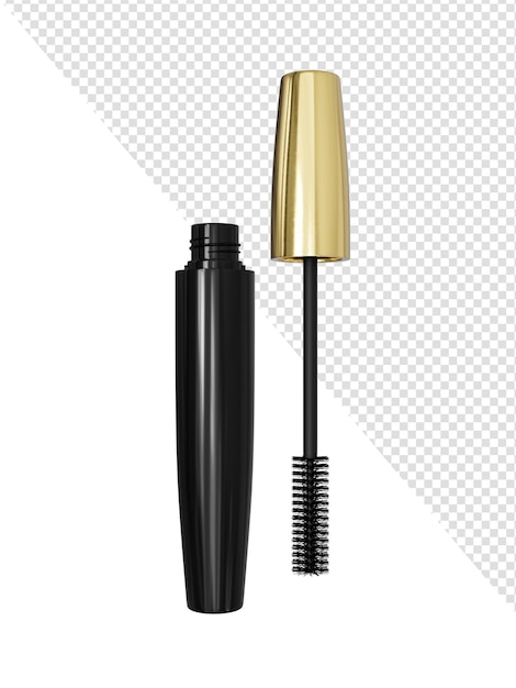 Mascara isolated on white background golden mascara bottles brush and mascara tube 3d illustration