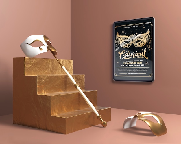 Mask with stick on golden stairs mock-up