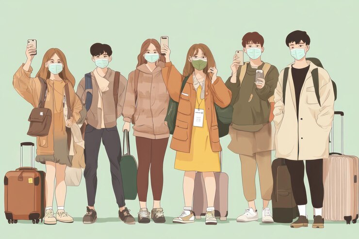 PSD 가면 을 쓴 젊은 여행자 들 이 드폰 과 가방 을 들고