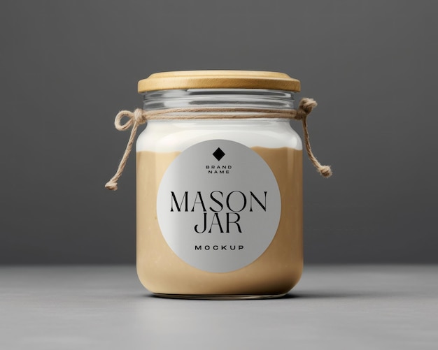 Mason jar mockup on a table with editable label