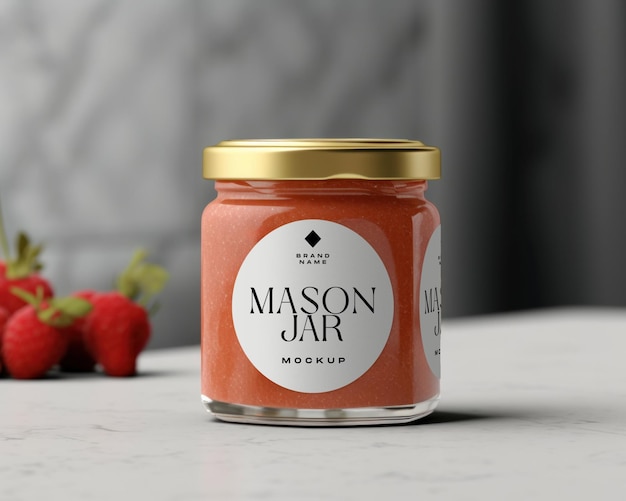 Mason jar mockup on a table with editable label