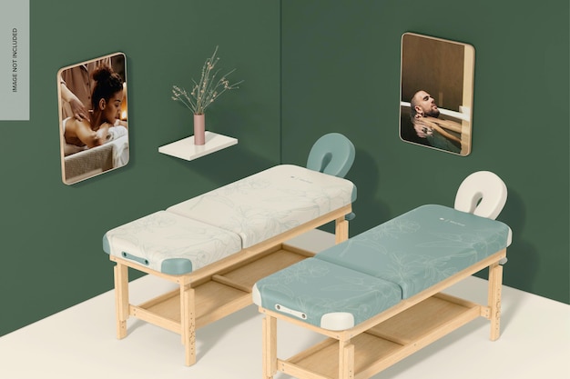 PSD massage tables mockup, perspective