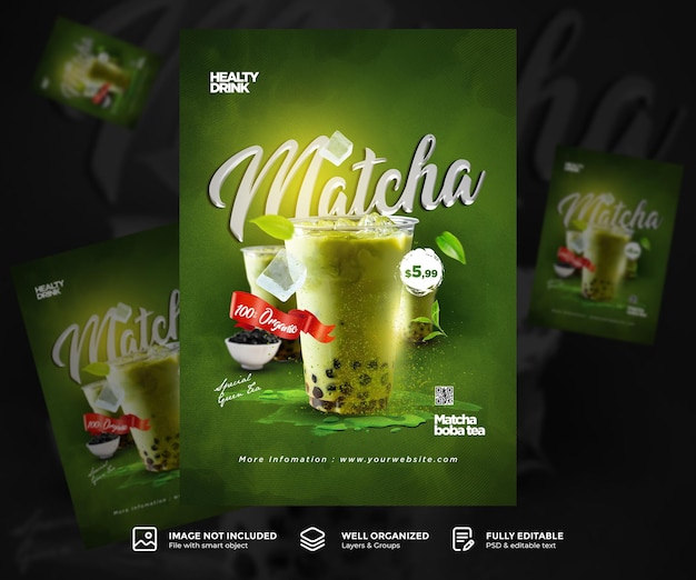 PSD modello del manifesto di promozione del menu delle bevande di matcha cafe