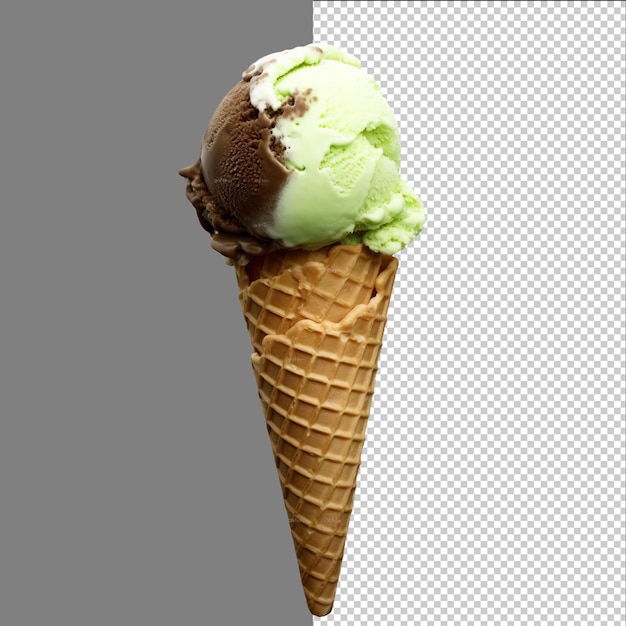 透明な背景に隔離されたマッチャとチョコレートコーンアイスクリーム png psd