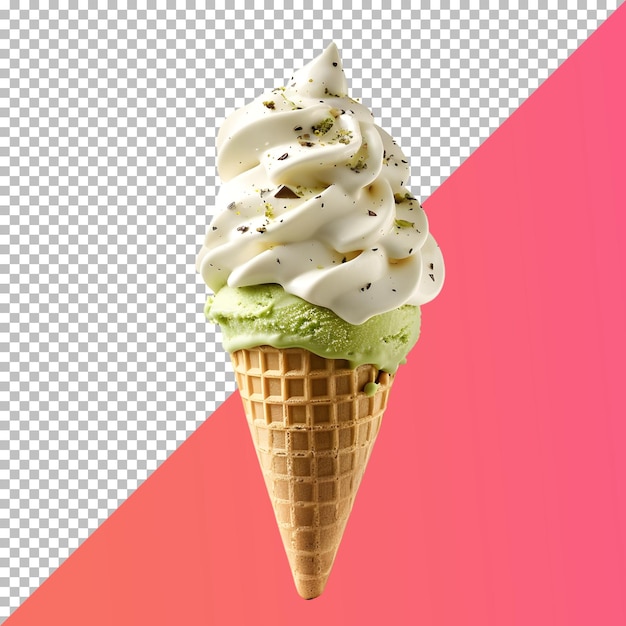 PSD matcha aromatizzato soft serve ice cream clipart con pistacchi in cono isolato su sfondo trasparente