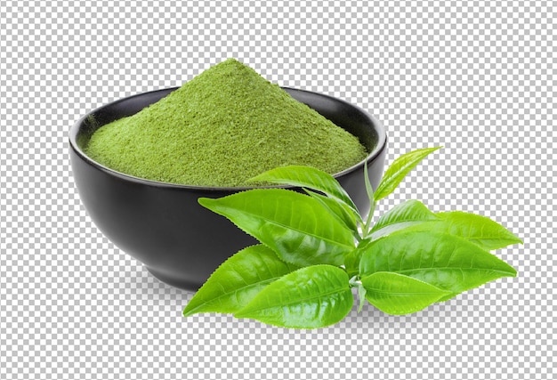 Matcha green tea in black bowl and leaves isolated on alpha laye