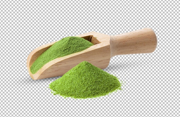 Matcha green tea powder in wood scoop on alpha layer