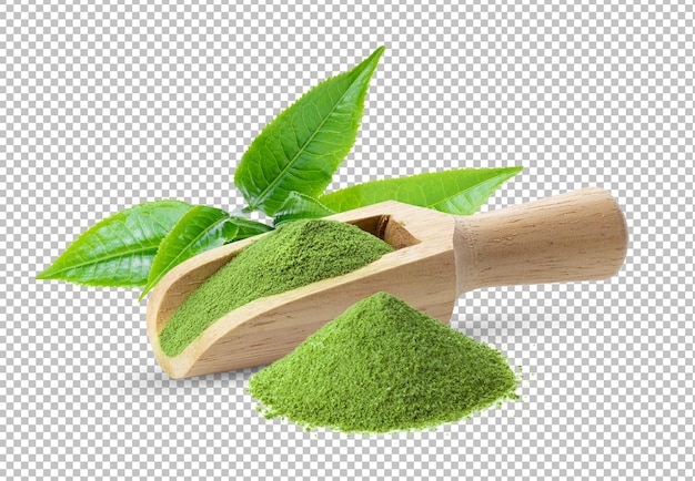 PSD matcha green tea powder in wood scoop and tea leaves on alpha la