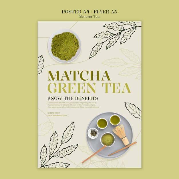 PSD il modello del poster della bevanda al tè matcha.