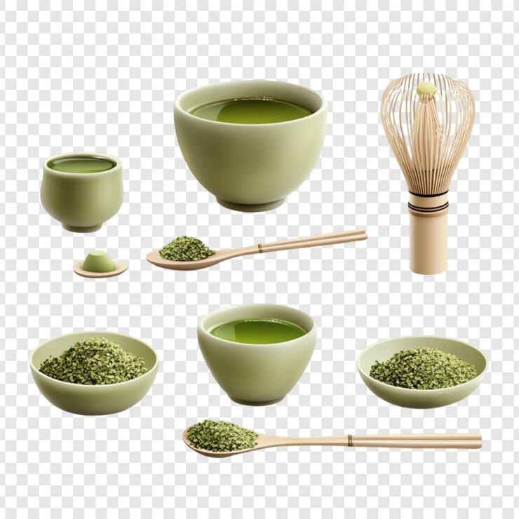 PSD matcha theeceremonie set schalen lepels wisk poeder groene thee