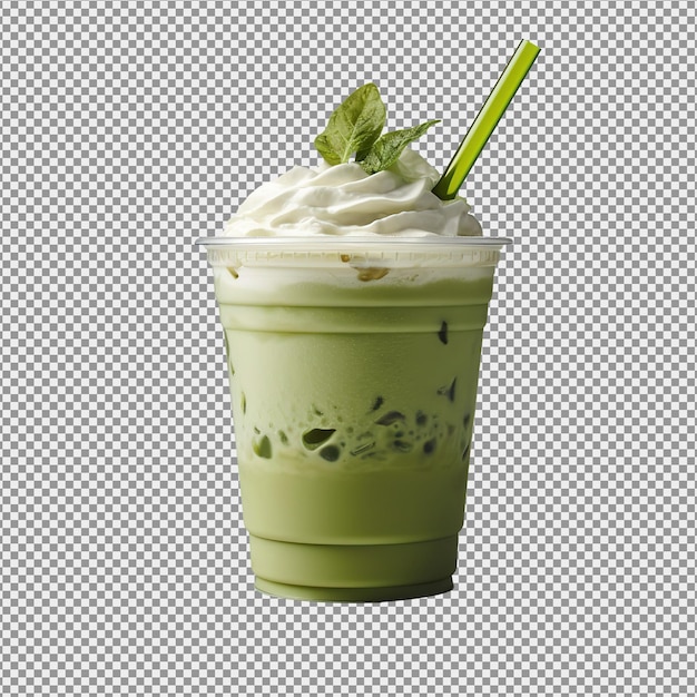 PSD matcha zielona herbata latte z czarnym boba i śmietaną na górze izolowane na białym tle