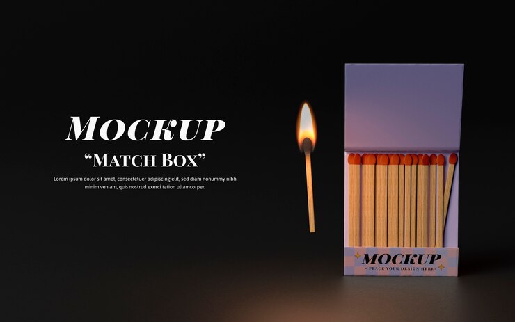 PSD matchbox with wooden match on fire