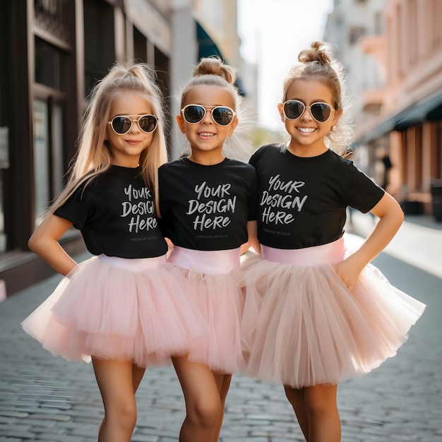 PSD matching black t shirts psd mock up for girls dance group wearing tutu skirts