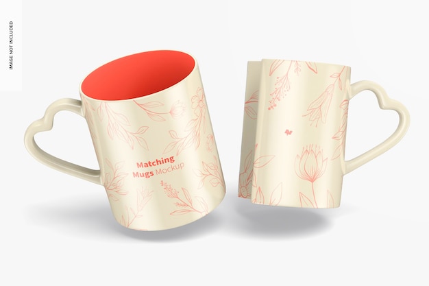 Matching mugs mockup, floating