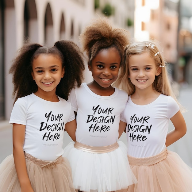 PSD matching white t shirts psd mock up for little girls dance group wearing tutu skirts