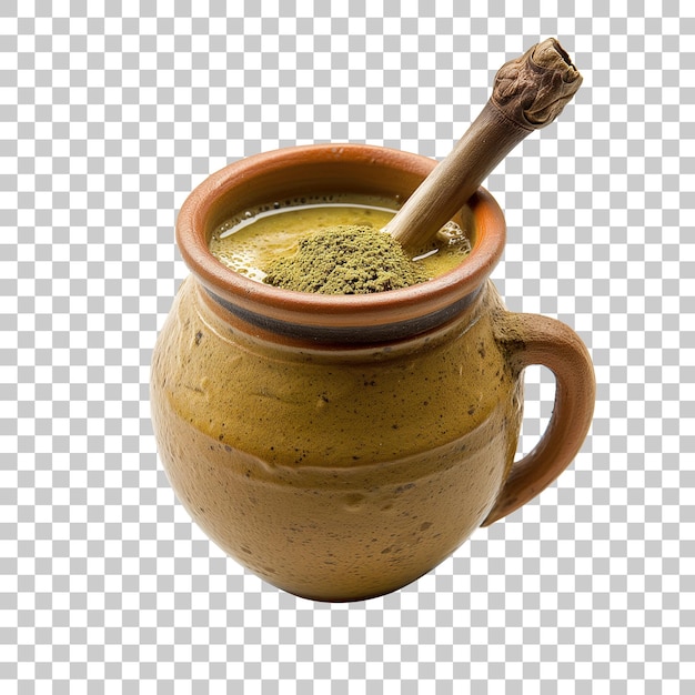 透明な背景に隔離された粘土鍋のマテ茶