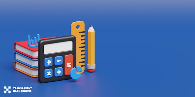 PSD Иллюстрация концепции школы математического образования с книгами калькулятора, карандашом и линейкой в 3d рендеринге