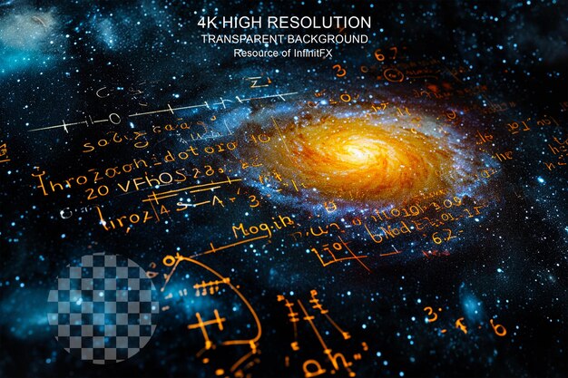 Mathematical and physical formulas galaxy textured on transparent background