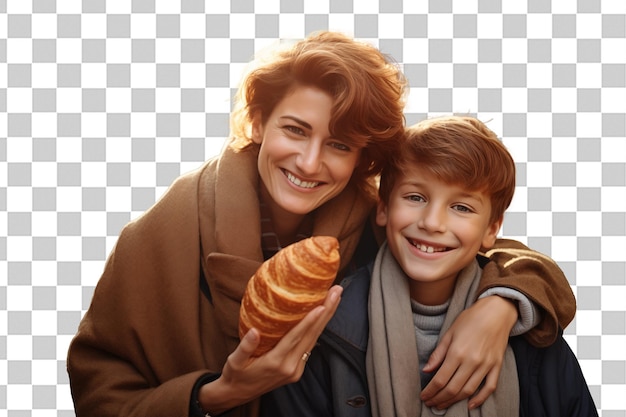 PSD matka i syn z croissantem na izolowanym tle chromatycznym