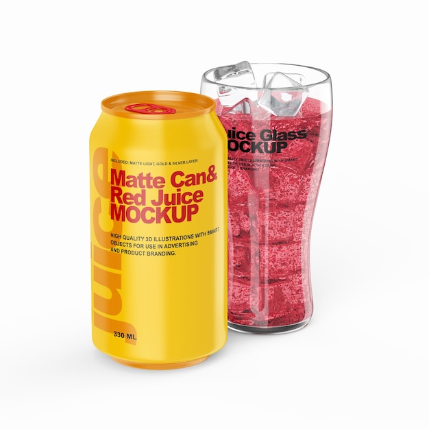 Matte can and juice glass mockup