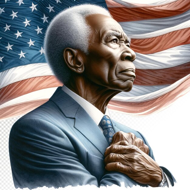 PSD mature african american individual with an american flag patriotic embrace in minimal art