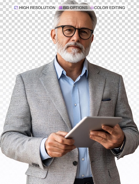 Mature Businessman Engaged with Tablet on White Background