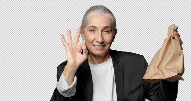 mature businesswoman with a blazer and happy expression