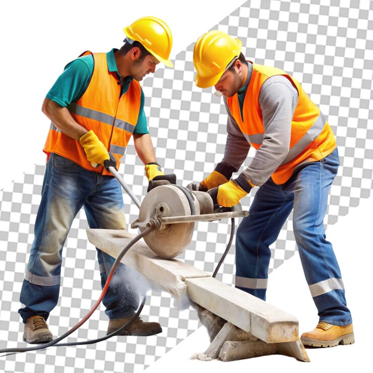 PSD mature construction worker cutting metal with circa transparent background