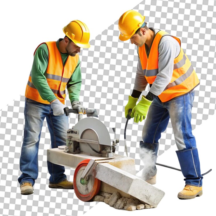PSD mature construction worker cutting metal with circa transparent background