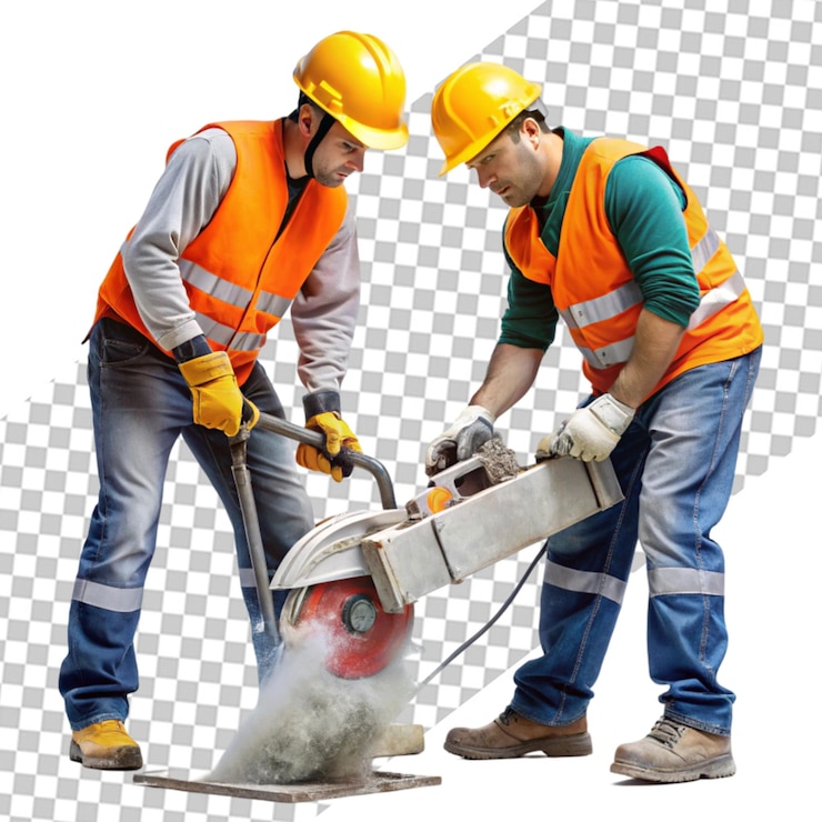 PSD mature construction worker cutting metal with circa transparent background