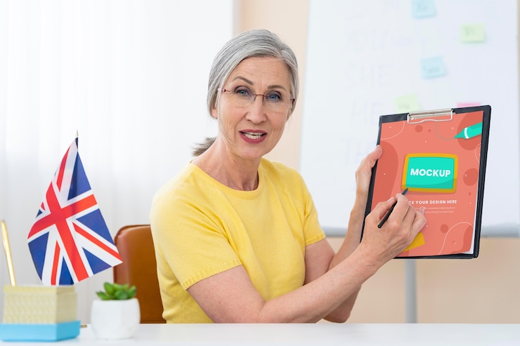 PSD mature english teacher with mock-up
