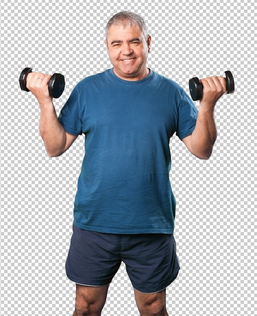 Mature man doing exercise with dumbbell