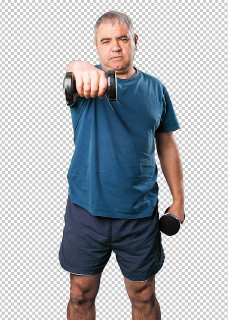 PSD mature man doing exercise with dumbbell