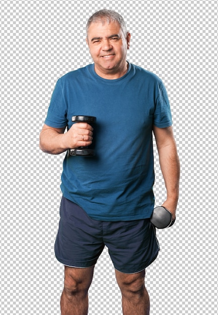 PSD mature man doing exercise with dumbbell