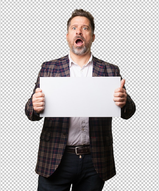 PSD mature man holding a banner