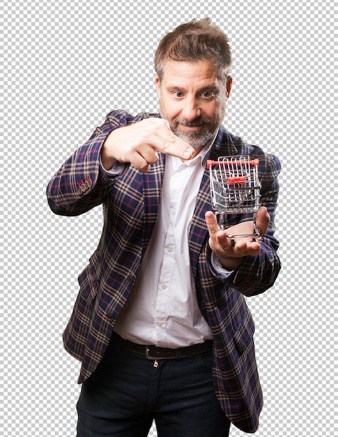 PSD mature man holding a shopping cart