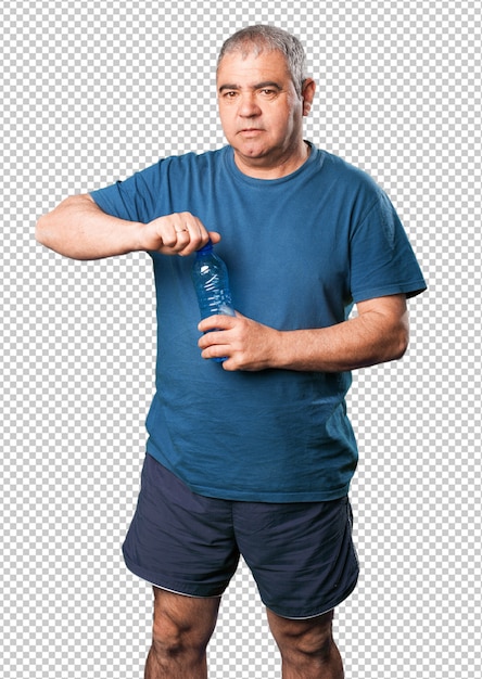 Mature man holding a water bottle