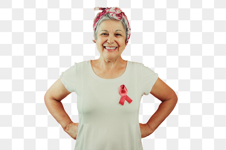 PSD mature woman with pink ribbon isolated for breast cancer campaign