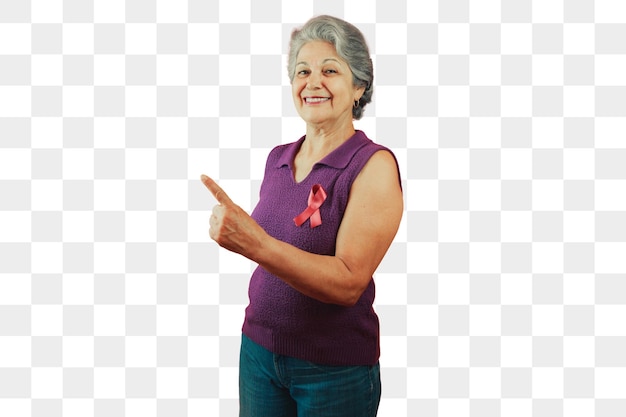 Mature Woman With Pink Ribbon isolated for breast cancer campaign