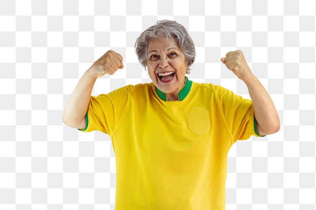 PSD mature woman with soccer team yellow shirt isolated on white