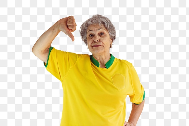 PSD mature woman with soccer team yellow shirt isolated on white