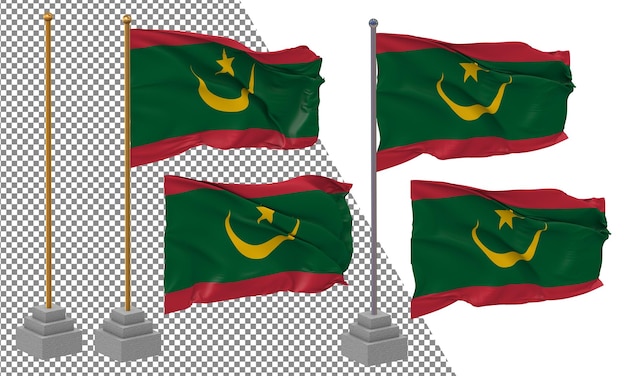 PSD mauritania flag waving different style with stand pole isolated 3d rendering