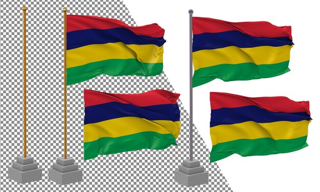 Mauritius Flag Waving Different Style With Stand Pole Isolated 3D Rendering