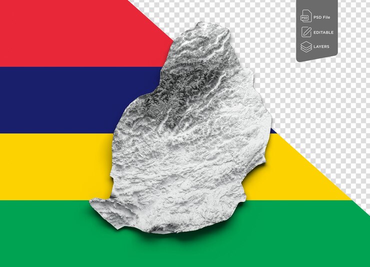PSD 마우리셔스 지도 회색과 색 그림자 릴리프 색상 높이 마우리샤스 지도 배경 3d 일러스트레이션