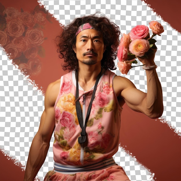 PSD maverick hoops east asian middle aged man embracing rebellion wavy hair arms raised pastel rose backdrop