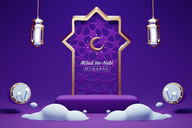 Mawlid alnabi wenskaart ontwerp met bloemmotief en hangende lantaarns