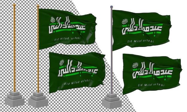 PSD mawlid an nabi ash sharif flag waving different style with stand pole isolated 3d rendering