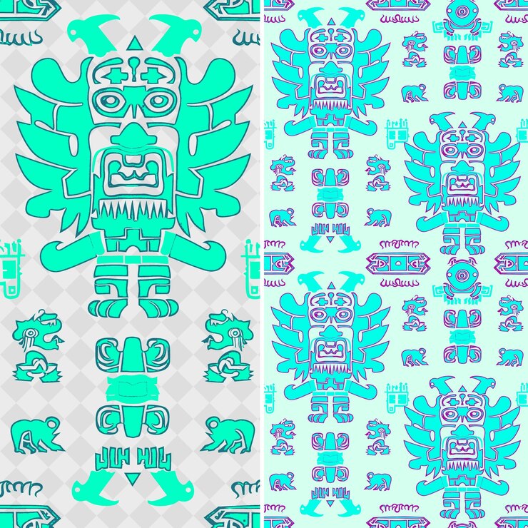 PSD mayan glyph patterns with animal and deity silhouettes and c creative abstract geometric vector