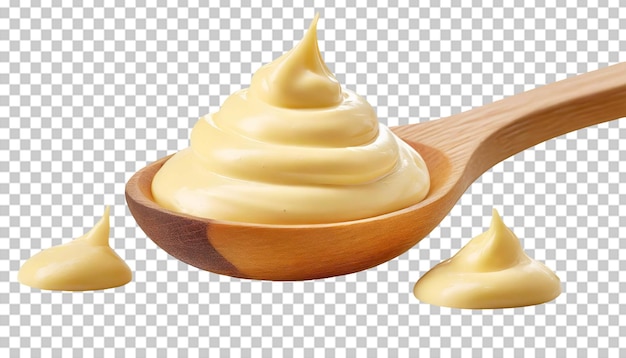 PSD mayonaise op een houten lepel geïsoleerd op een doorzichtige achtergrond.